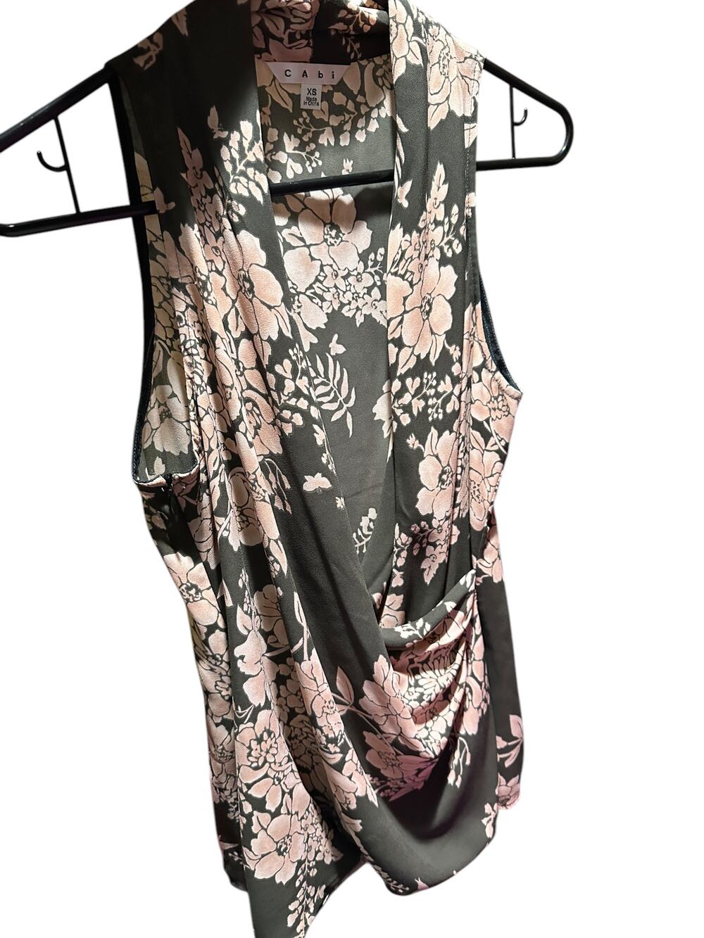 CAbi Rosewater Blouse 594 XS Brown Pink Floral Faux Wrap Sleeveless Top